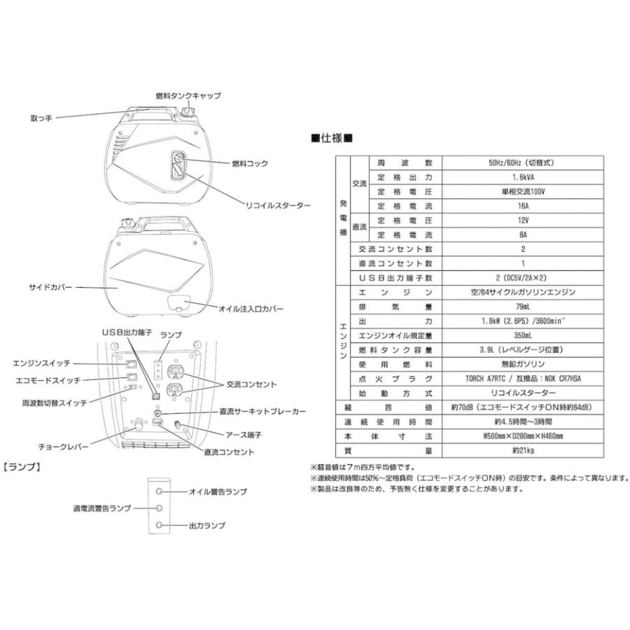 【送料無料】 ナカトミ(NAKATOMI) インバーター発電機 コンパクト 定格出力 1.6ｋVA 屋外販売 軽量 防災 アウトドア EIVG-1600D｜daiyu8｜06