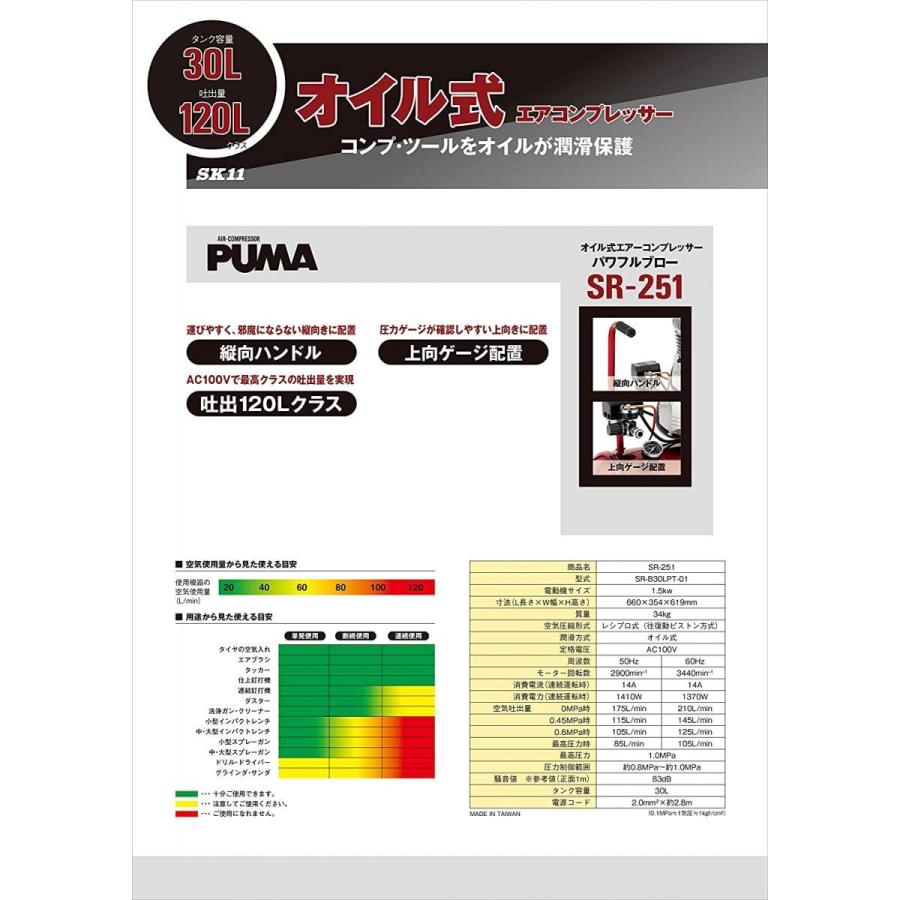PUMA（プーマ） SK11 オイル式 エアーコンプレッサー SR-251 タンク 