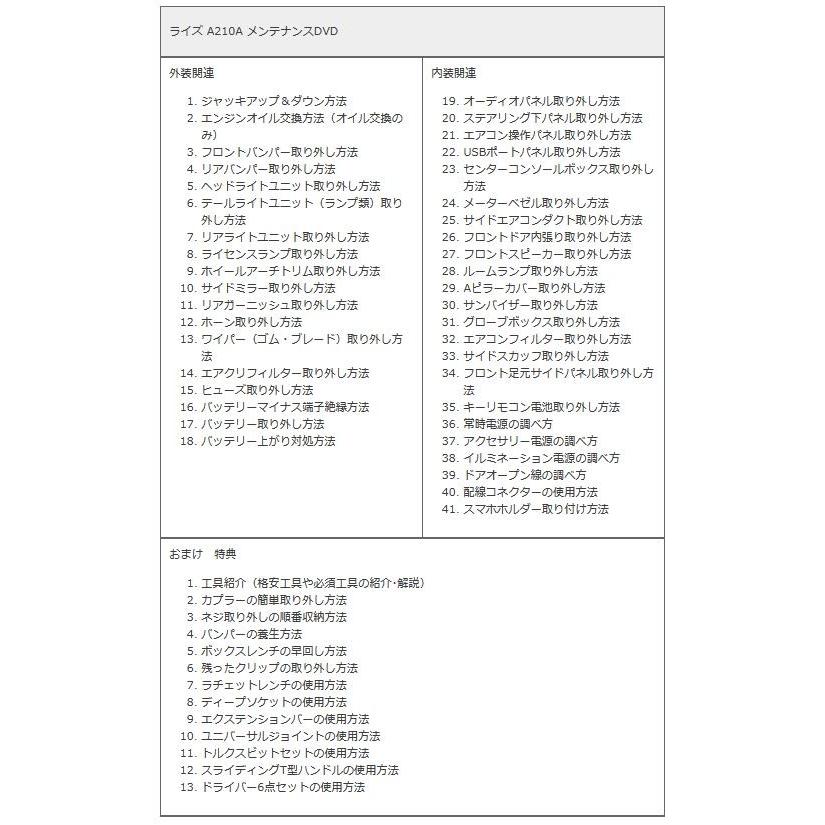ライズ（A210A）メンテナンスオールインワンDVD 内装&amp;外装セット ライズ メンテナンスDVD A210A 内装/外装のドレスアップ改造 MKJP