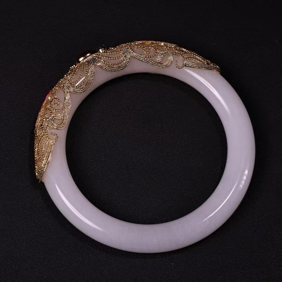 中国古美術.白玉 腕輪.嵌寶石.木箱付.旧時貴婦飾品.裝身具. 裝飾品