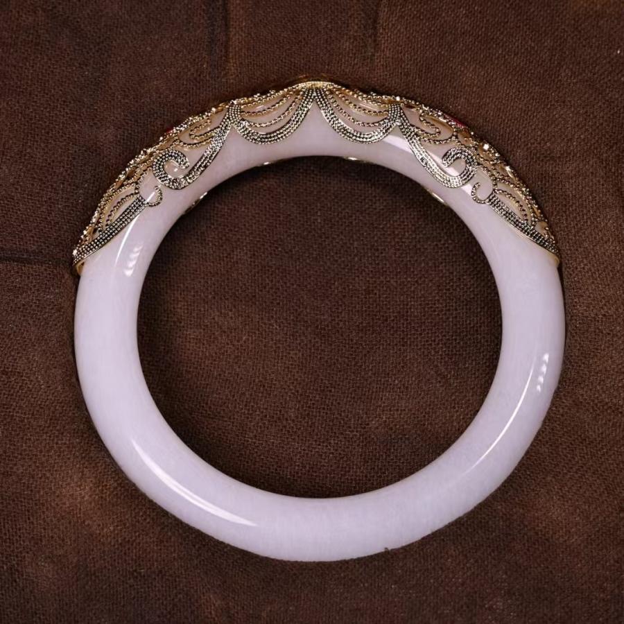 中国古美術.白玉 腕輪.嵌寶石.木箱付.旧時貴婦飾品.裝身具. 裝飾品