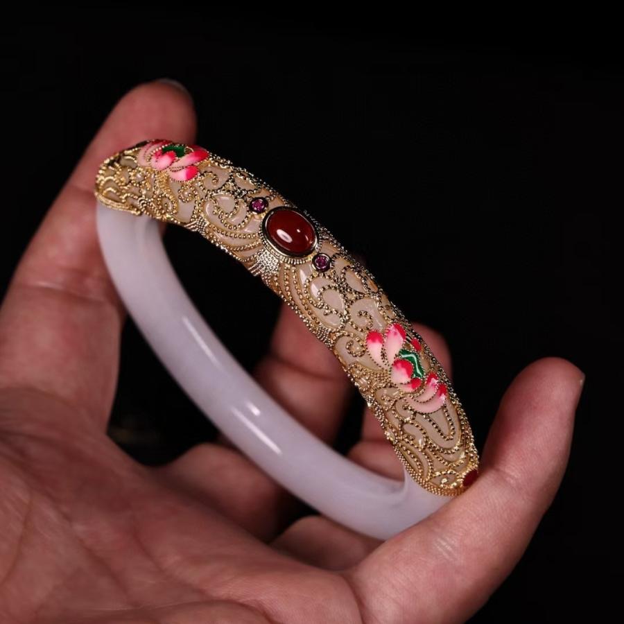 中国古美術.白玉 腕輪.嵌寶石.木箱付.旧時貴婦飾品.裝身具. 裝飾品