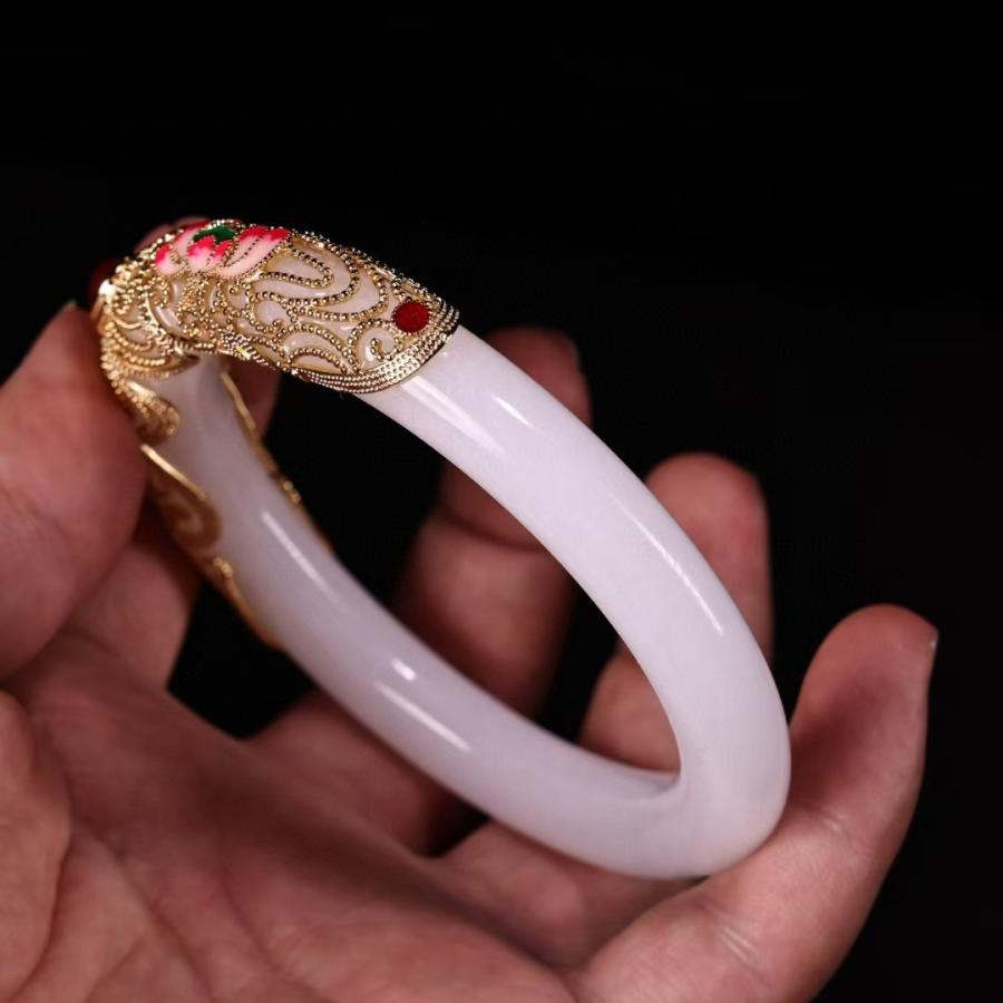 中国古美術.白玉 腕輪.嵌寶石.木箱付.旧時貴婦飾品.裝身具. 裝飾品