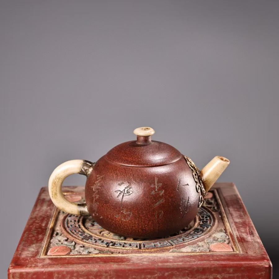 中国古美術.原礦紅泥.紫砂壺.嵌玉石.木箱付.中国古玩 : 時代の彩