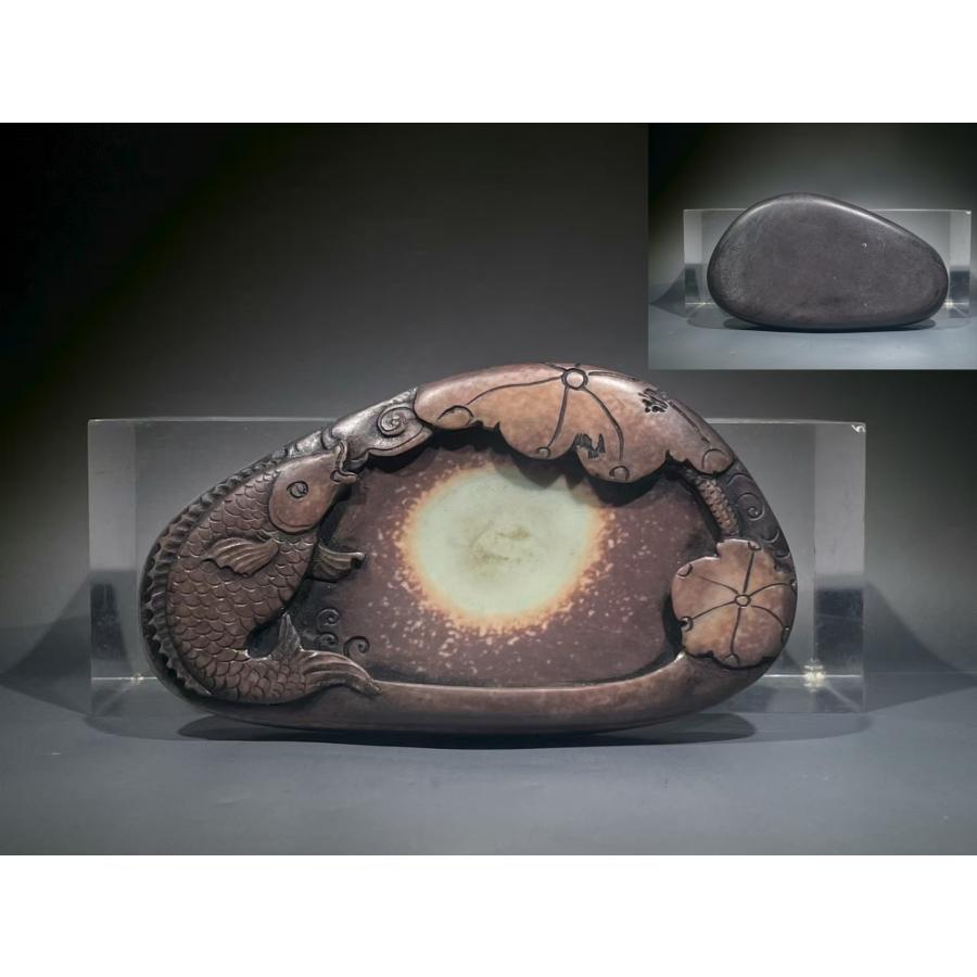 時代の彩】中国古美術 珍品 紫袍玉帯 荷趣 手把硯 古硯 端渓 唐硯 老坑 
