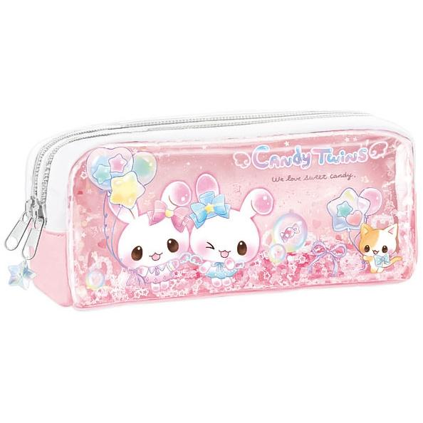 キャンディツインズ ペンポーチ ピンク 2ポケット スパンコール入 透明