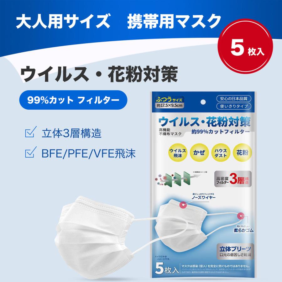 不織布 マスク 5枚入り 花粉 おとな メンズ レディース 不織布マスク BFE PFE VFE 99％以上CUT |  | 01