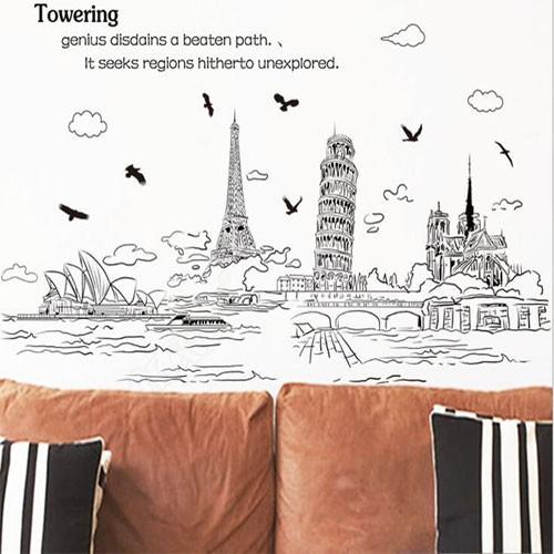 Damiウォールステッカー シール式 モノクロ Towering インテリア Wall Sticker 壁紙 北欧 Paris 飾り 内装 カッティングシート Diy リフォーム 60cm 90cm 今季ブランド