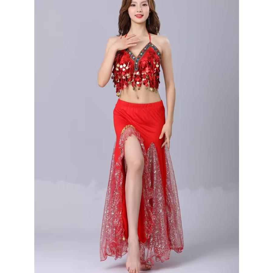 ベリーダンス 衣装 赤 3点セット（ブラ、スカート、ベルト） 新着