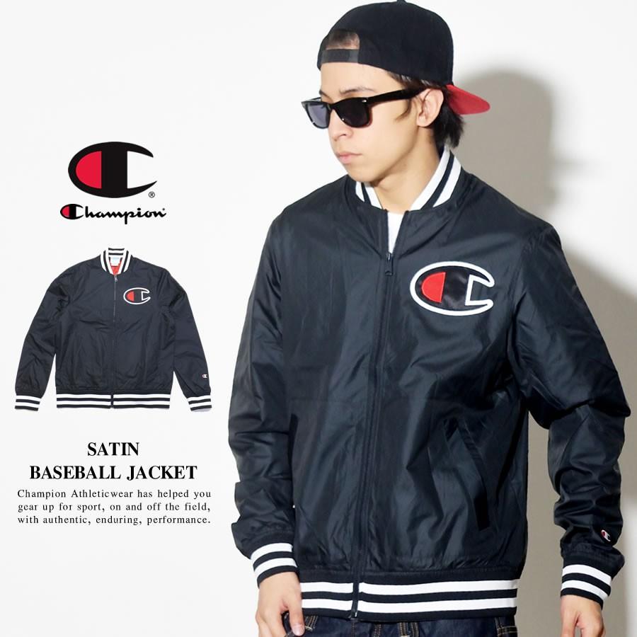 champion satin navy baseball jacket