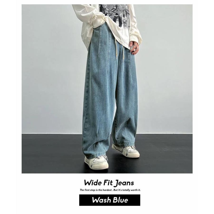 デニムパンツ メンズ ルーズフィット タック バルーン ワイド デニム イージーパンツ ジーンズ ビンテージ ウォッシュブルー ウエスト調整可 | Shoowtime | 02