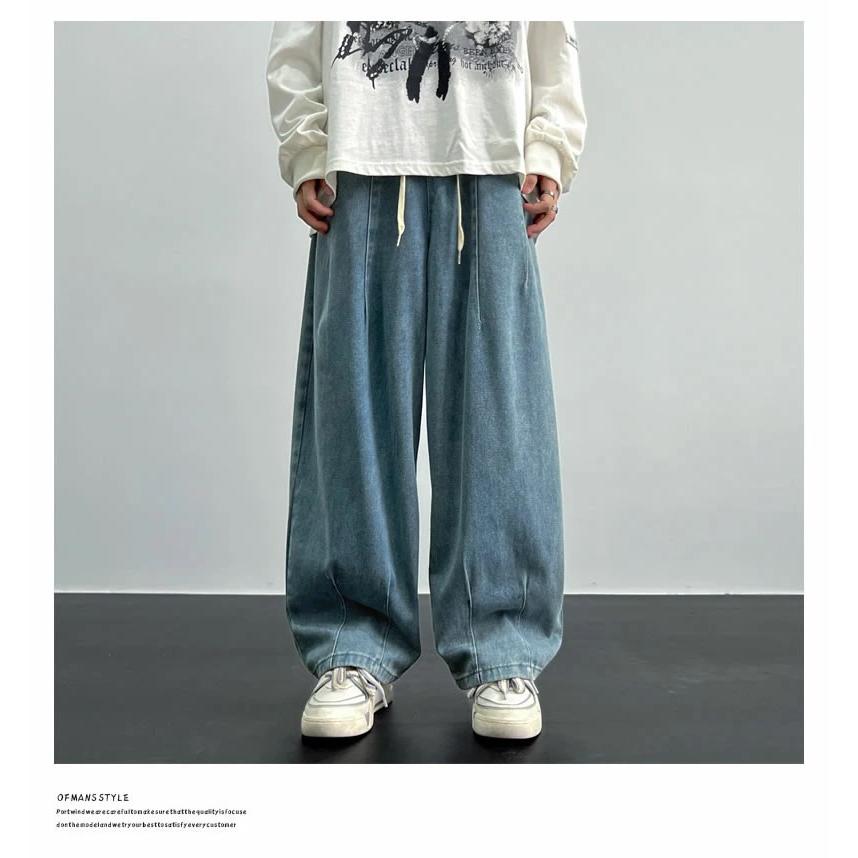 デニムパンツ メンズ ルーズフィット タック バルーン ワイド デニム イージーパンツ ジーンズ ビンテージ ウォッシュブルー ウエスト調整可 | Shoowtime | 04