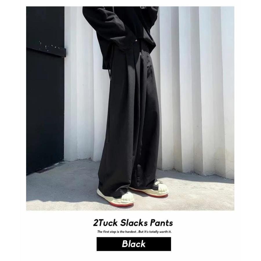 スラックス メンズ ルーズフィット ツータック ワイド ドレープ スラックスパンツ ブラック ウエスト調整可 | Shoowtime | 02