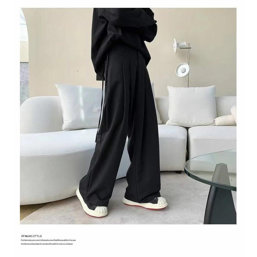 スラックス メンズ ルーズフィット ツータック ワイド ドレープ スラックスパンツ ブラック ウエスト調整可 | Shoowtime | 06