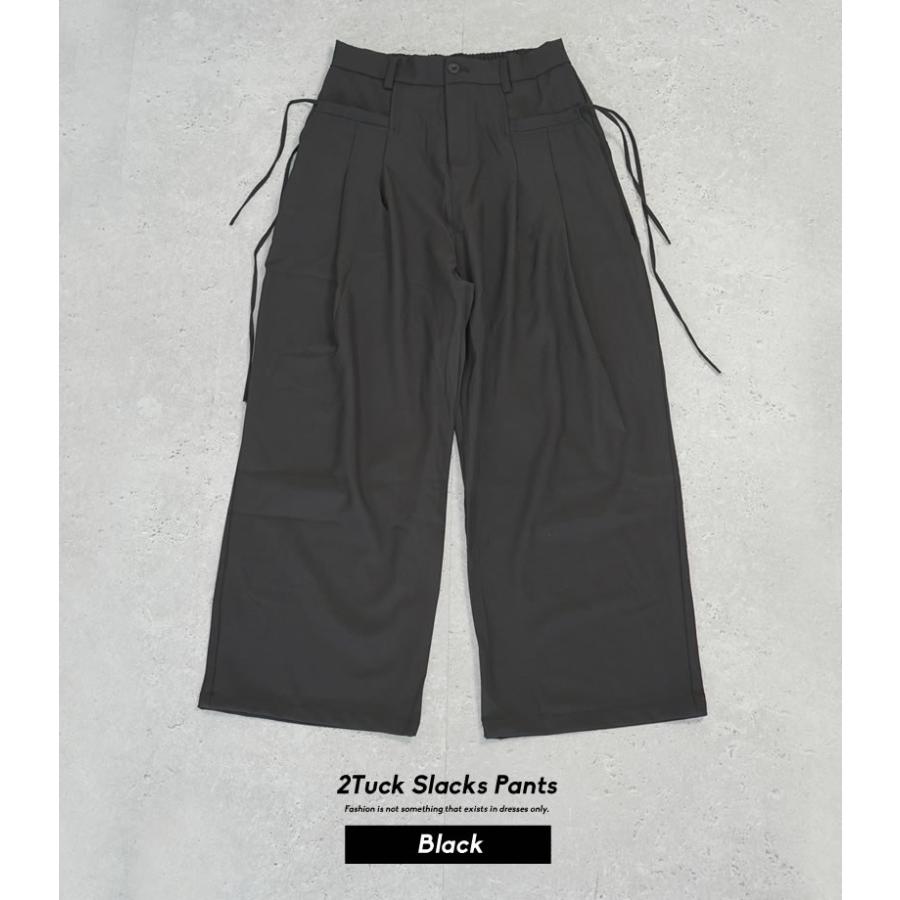 スラックス メンズ ルーズフィット ツータック ワイド ドレープ スラックスパンツ ブラック ウエスト調整可 | Shoowtime | 07
