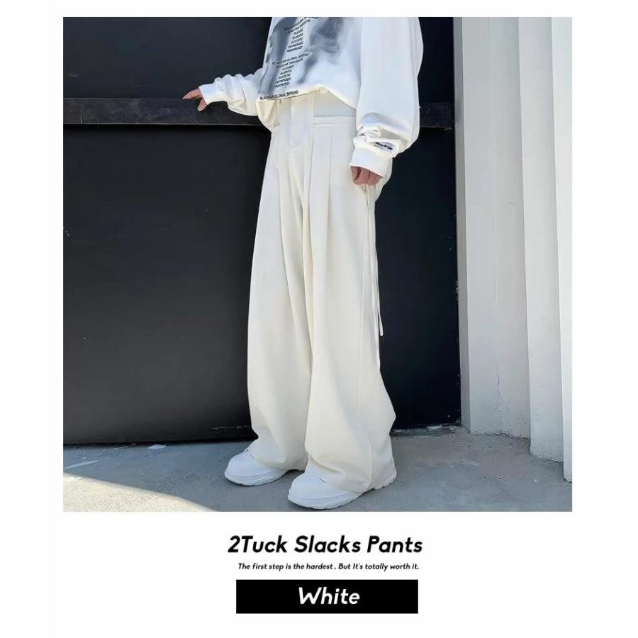 スラックス メンズ ルーズフィット ツータック ワイド ドレープ スラックスパンツ ホワイト ウエスト調整可 | Shoowtime | 02