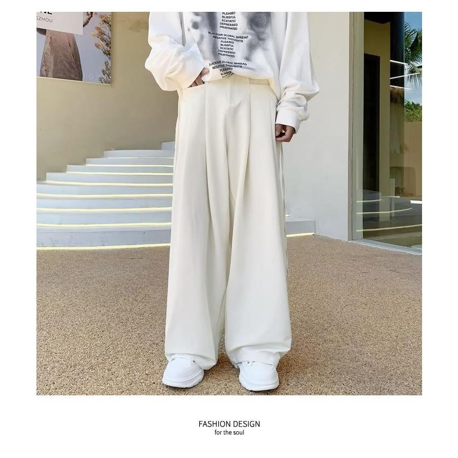 スラックス メンズ ルーズフィット ツータック ワイド ドレープ スラックスパンツ ホワイト ウエスト調整可 | Shoowtime | 04