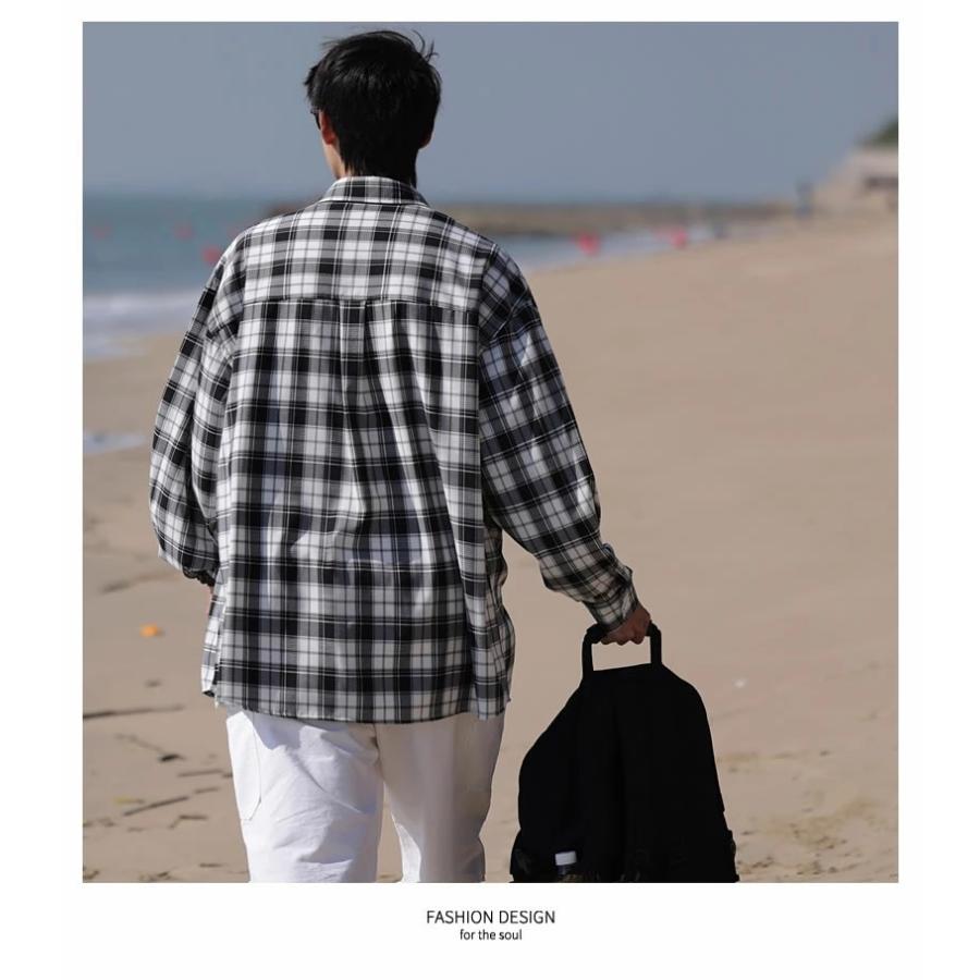 チェックシャツ メンズ オーバーサイズ ブロックチェック ブラック 黒 長袖 韓国 ストリート カジュアル ファッション | Shoowtime | 05