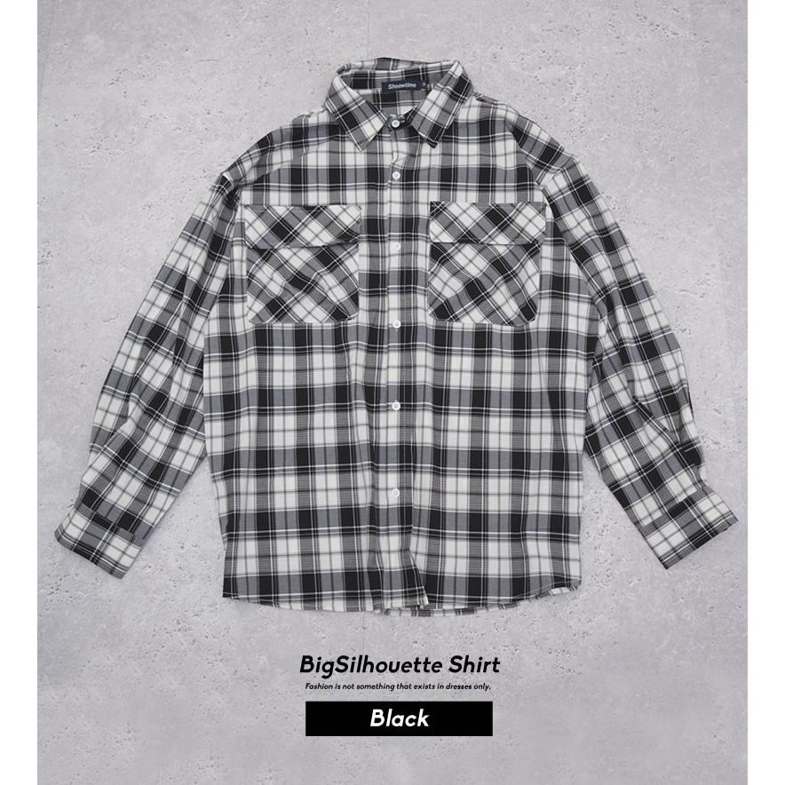 チェックシャツ メンズ オーバーサイズ ブロックチェック ブラック 黒 長袖 韓国 ストリート カジュアル ファッション | Shoowtime | 06