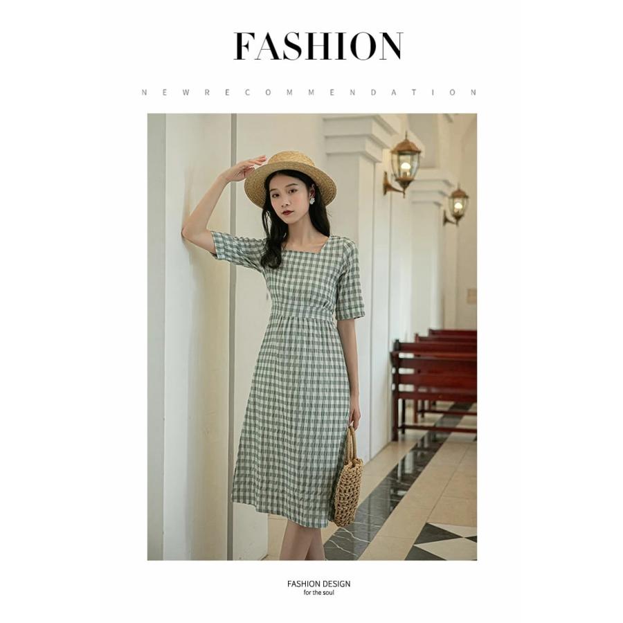 Shoowtime ギンガムチェック柄 スクエアネックワンピース サマー