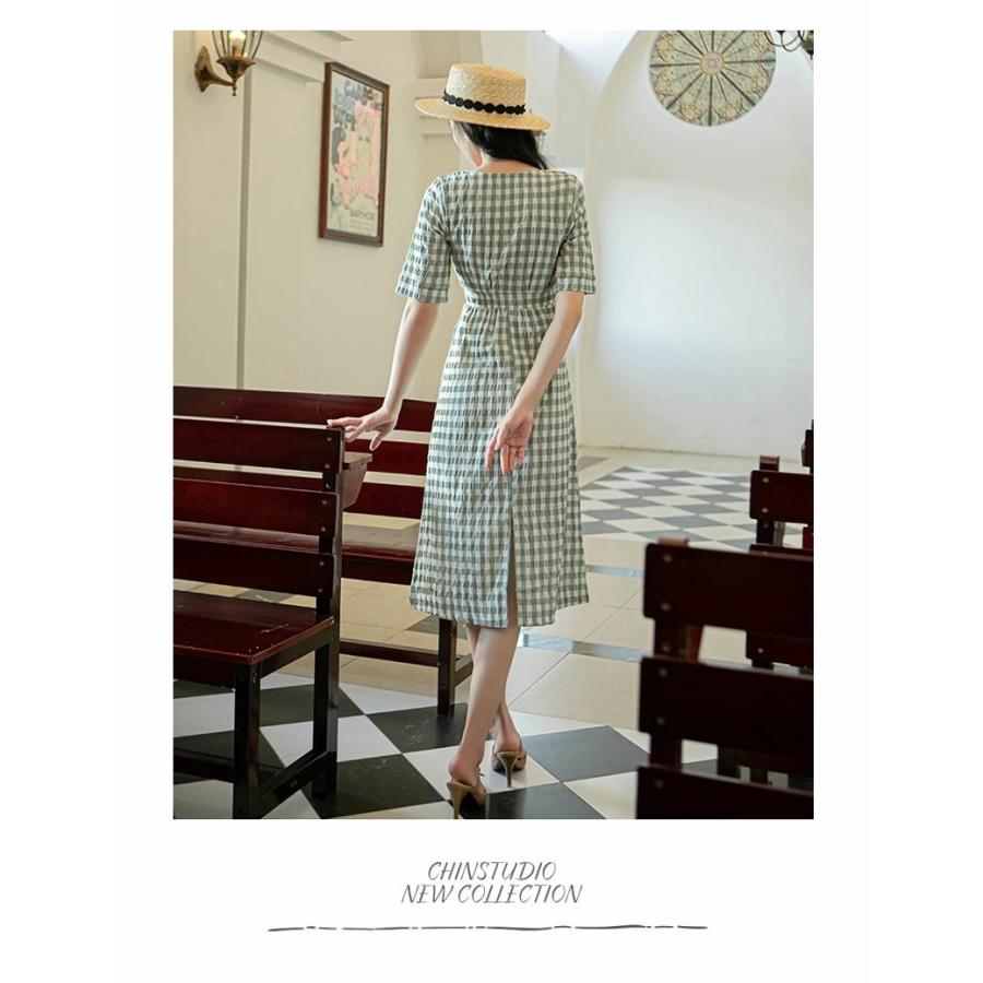 Shoowtime ギンガムチェック柄 スクエアネックワンピース サマー
