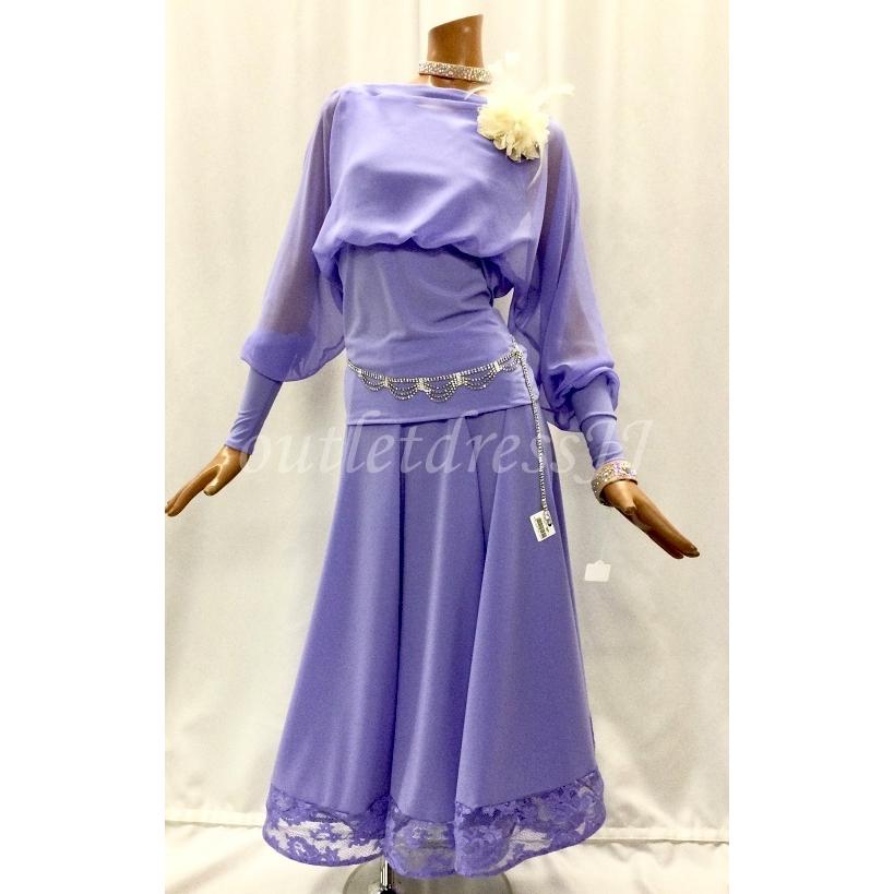 日本製】社交ダンスドレス パープル サテン 長袖 メッシュデザイン Sサイズ