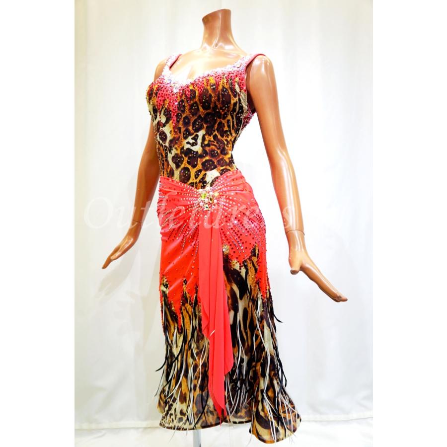 社交ダンス・ダンス衣装　インポート品　ヨーロッパ製 一点物　L0440　フレームレッド×ヒョウ柄 | 