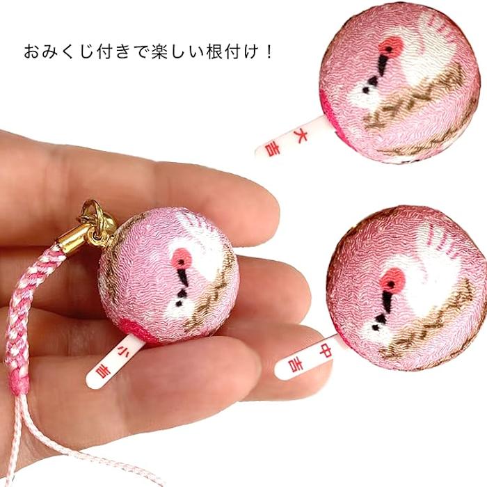 日本製 キーホルダー ちりめん おみくじ 根付 朱鷺 トキ プリント 鈴