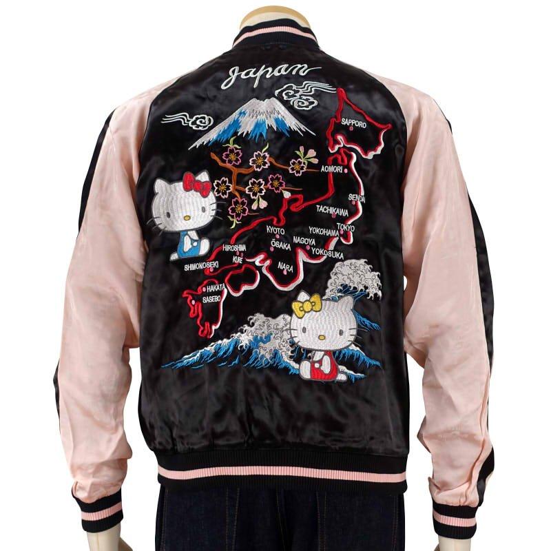 ハローキティとハローミミィと日本地図刺繍ジャガード袖スカジャン