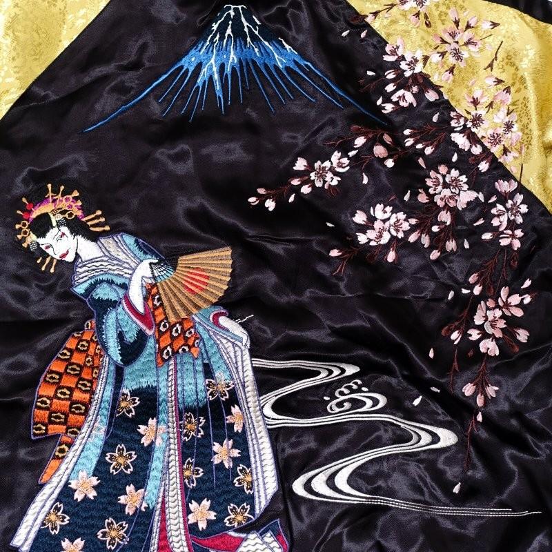 マメクロゴウチスカジャン花柄刺繍紺色