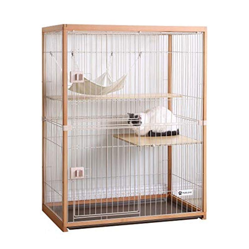 ケージ 猫 大型 キャットハウス キャットケージ 2段 木製フレーム ハンモック付 広々 ネコ ハウス 留守番 保護 脱走防止 (ナチュラル