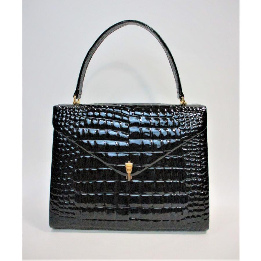 ブラック クロコ型押し フォーマル ハンドバッグ クロコ 型押し ハンドバッグ 黒 本革 フォーマル 美品