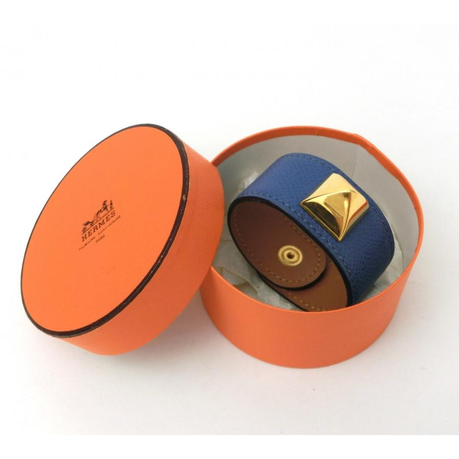 HERMES エルメス メドール バングル レザー ブルー×ゴールド