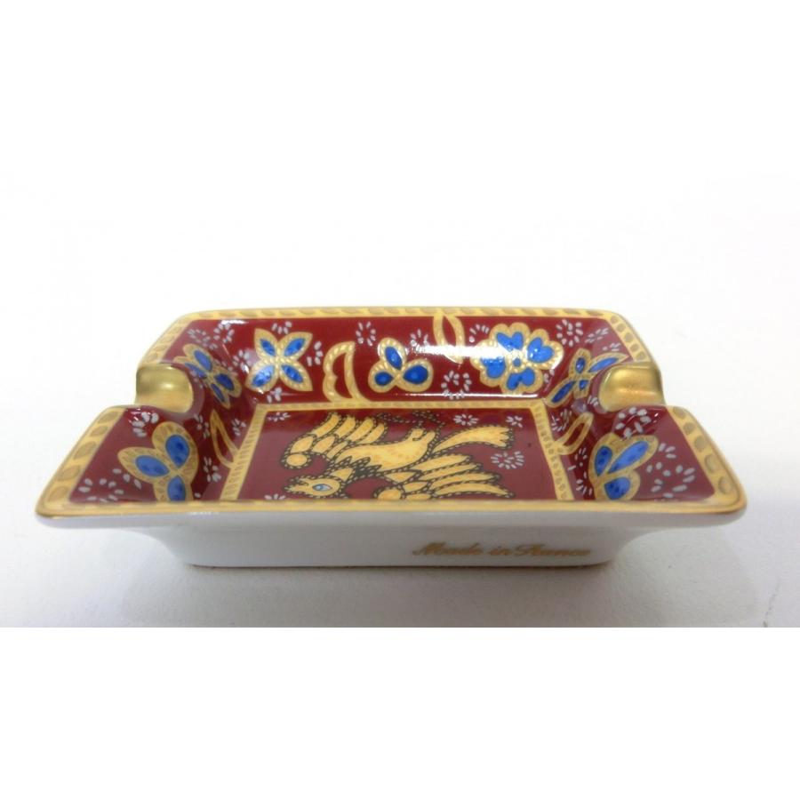 HERMES エルメス 灰皿 アッシュトレイ 小 赤系 鳥 ゴールド 花