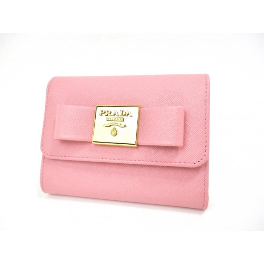 プラダ PRADA 1MH840 リボン サフィアーノ 三つ折り 財布 ピンク