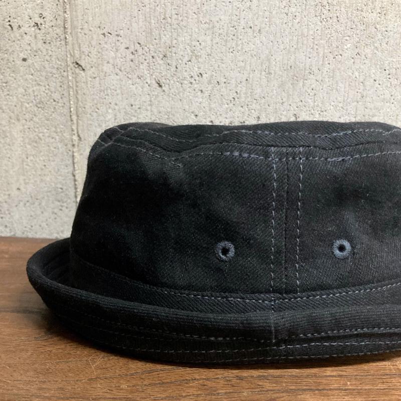 ポークパイハット　12オンスセルビッチデニムBLACK×BLACK　チャコールグレーステッチ｜dandh-handmade｜04