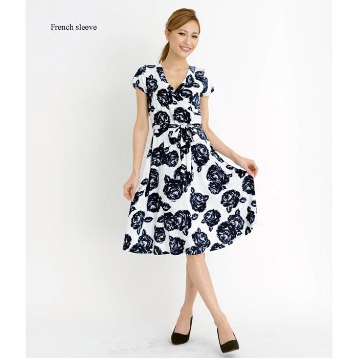 ワンピース 膝丈 Laインポート ネイビブルーローズレディースフレアカシュクールワンピース フレンチ袖 七分袖 春 花柄 Op 2186 Laインポートdangan Girls 通販 Yahoo ショッピング