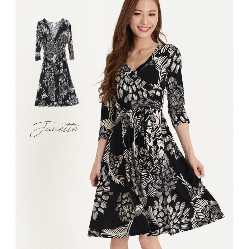 カシュクールワンピース Laインポート アートタッチモノトーンフラワーカシュクールフレアワンピース Janette 七分袖 ジャネット ジャージー Op 5548 Laインポートdangan Girls 通販 Yahoo ショッピング