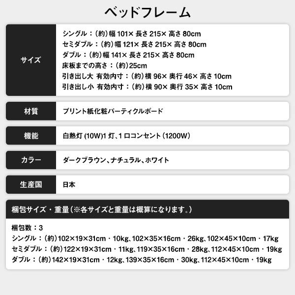 当日発送可能 ベッド 日本製 収納付き 引き出し付き 木製 照明付き 棚付き『BERDEN』 ベルデン セミダブル 海外製ポケットコイルマットレス付き(片面仕様) ホワイト