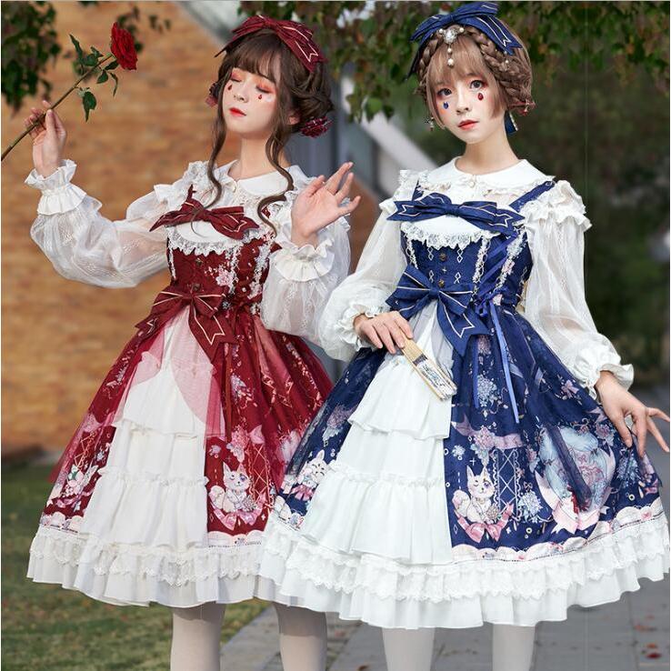ロリータワンピース ゴスロリ ロリータ服 膝丈 ミモレ丈 ロリィタドレス キャミソール Jsk ワンピース フリル リボン 髪飾り 大人 可愛い コスプレ衣装 熱販売