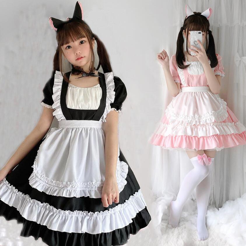 メイド服 ハロウィン コスプレ衣装 可愛い 半袖 膝丈 ワンピース エプロン 猫耳カチューシャ 首飾り 萌え