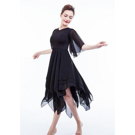 バレエダンスワンピース フレアワンピース モダンダンス衣装 社交ダンスワンピース シフォン三枚重ね 練習舞台衣装 団体ウエア 演出ドレス二点送料無料 Den1428 人気ファッション店 通販 Yahoo ショッピング