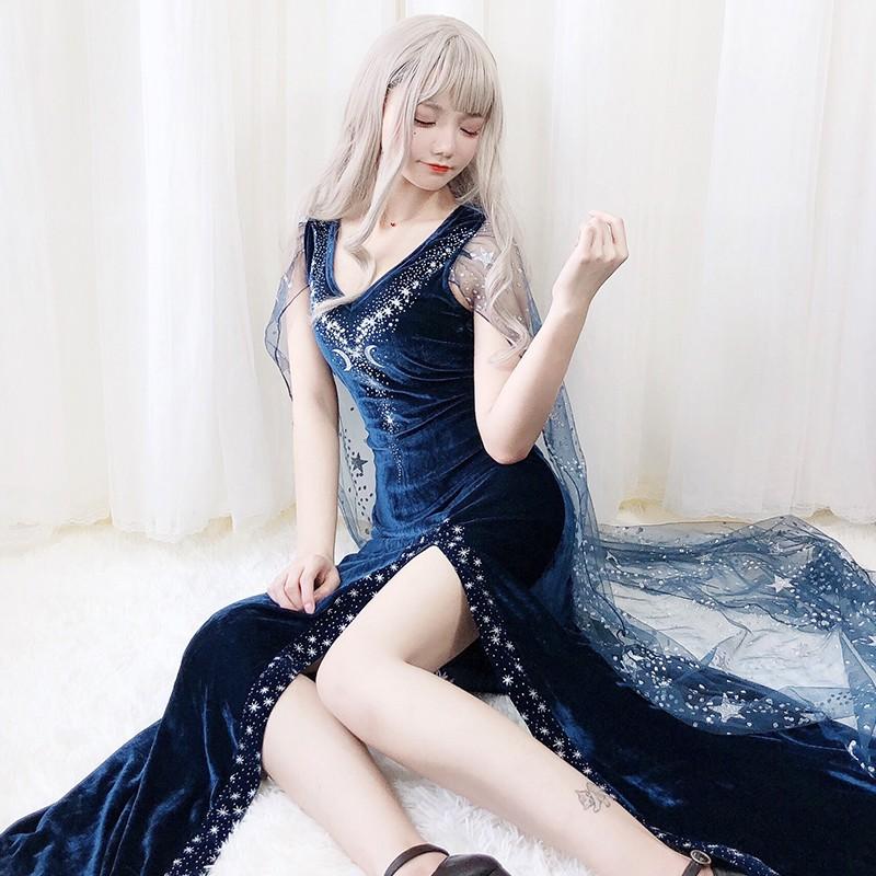 星空元素 ドレス ロング ワンピース 女王 仙女 占い師 変身仮装 ハロウィーン コスプレ 衣装 大人 コスチューム スパンコール付き スリット 二枚送料無料 Den993 人気ファッション店 通販 Yahoo ショッピング