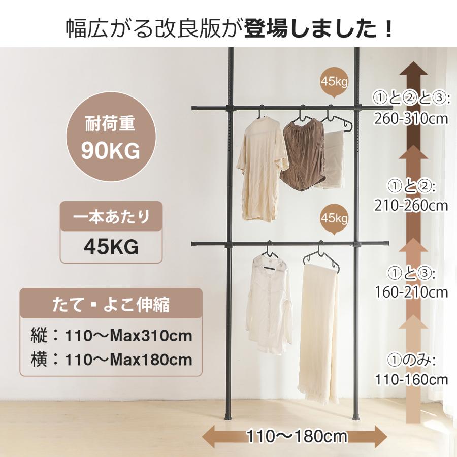 DANIMO 突っ張り ハンガーラック 2段 幅110cm~180cm 天井 つっぱり