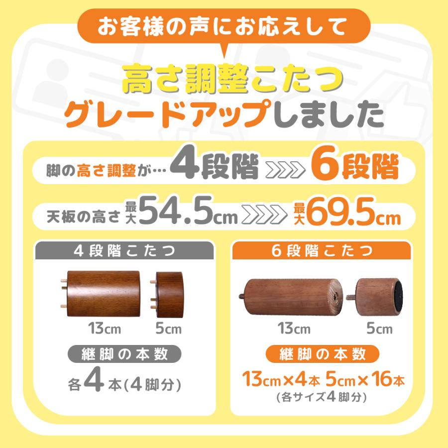 こたつテーブル 高さ6段階調整 75×105cm 長方形 継脚式 ダイニング