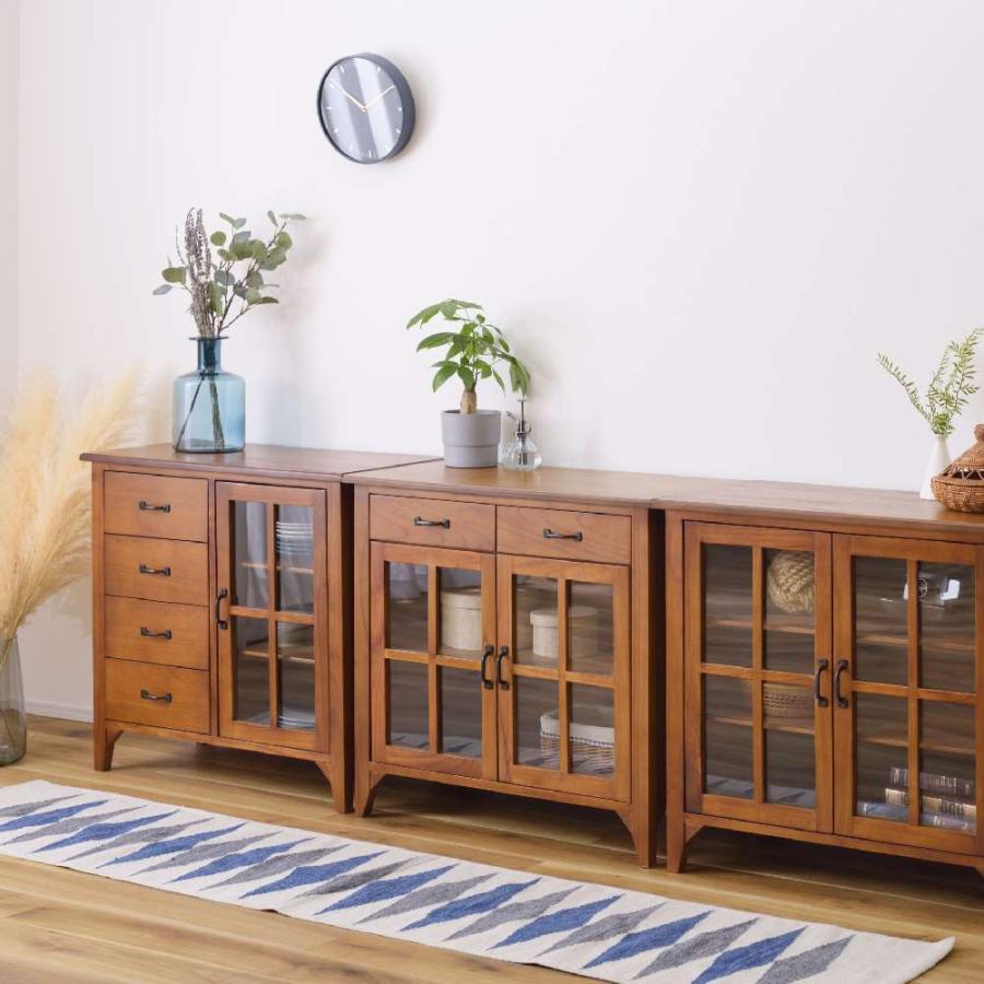 Timber ガラスキャビネット 引き出し 4杯 幅80cm おしゃれ 収納 レトロ