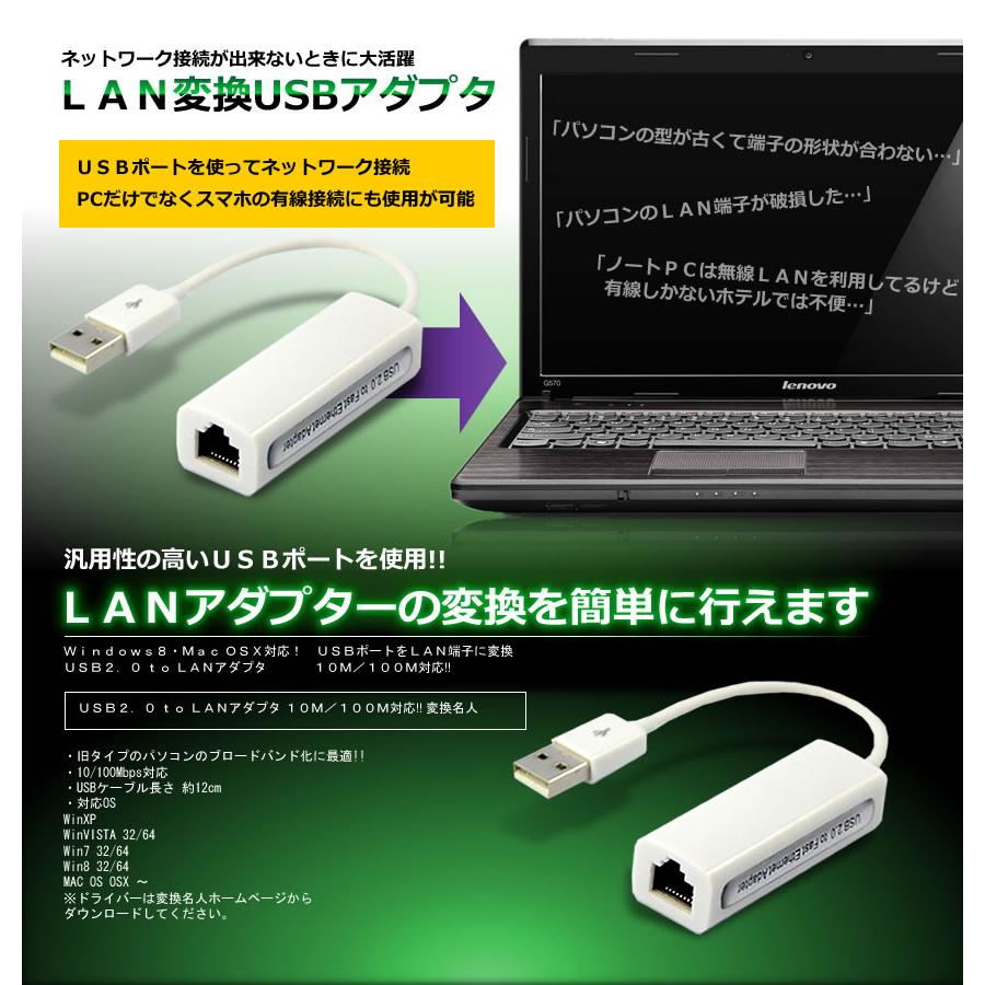 有線LANアダプター USB2.0 to RJ45 100/10Mbps ランアダプター 高速 有線 Windows/MAC OS対応 ノート PC パソコン スマホ タブレット ad-usb2rj45｜darumadenki｜02