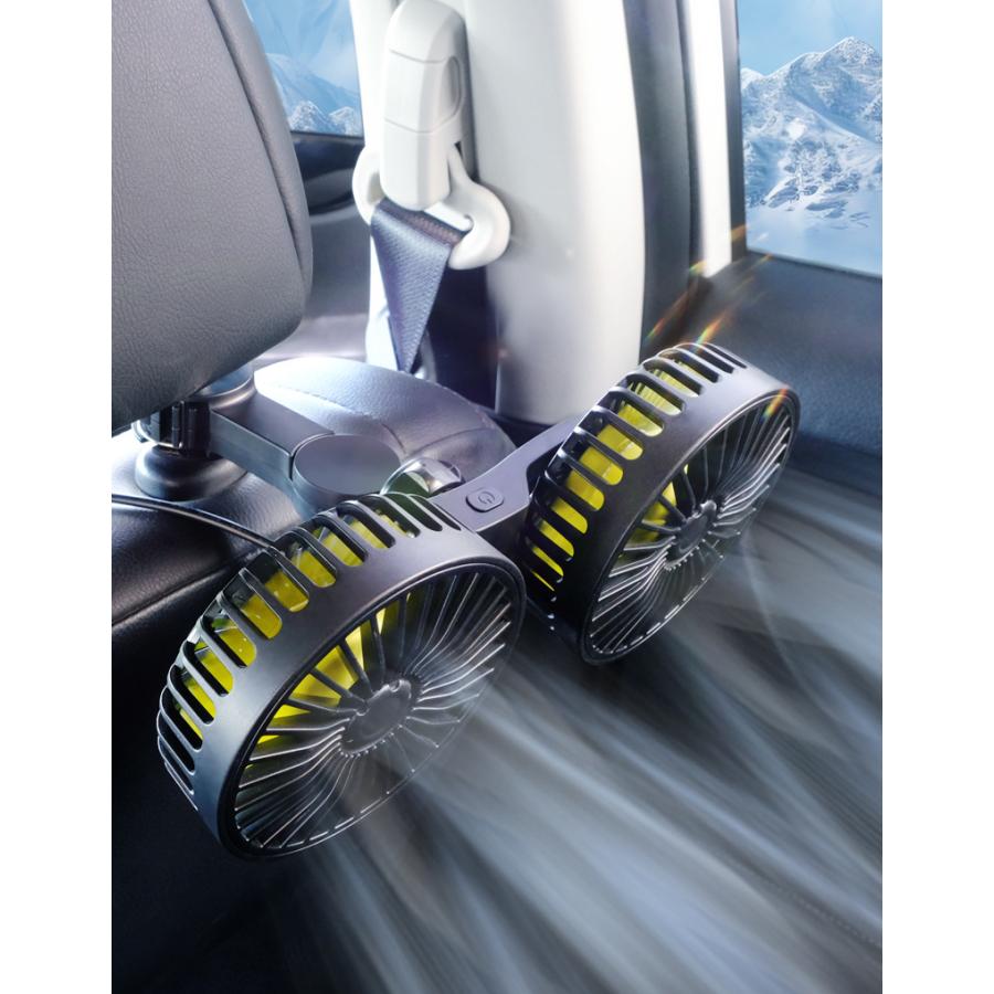 後部座席用 USB ツインファン 小型 扇風機 車載用 ヘッドレスト取付 車
