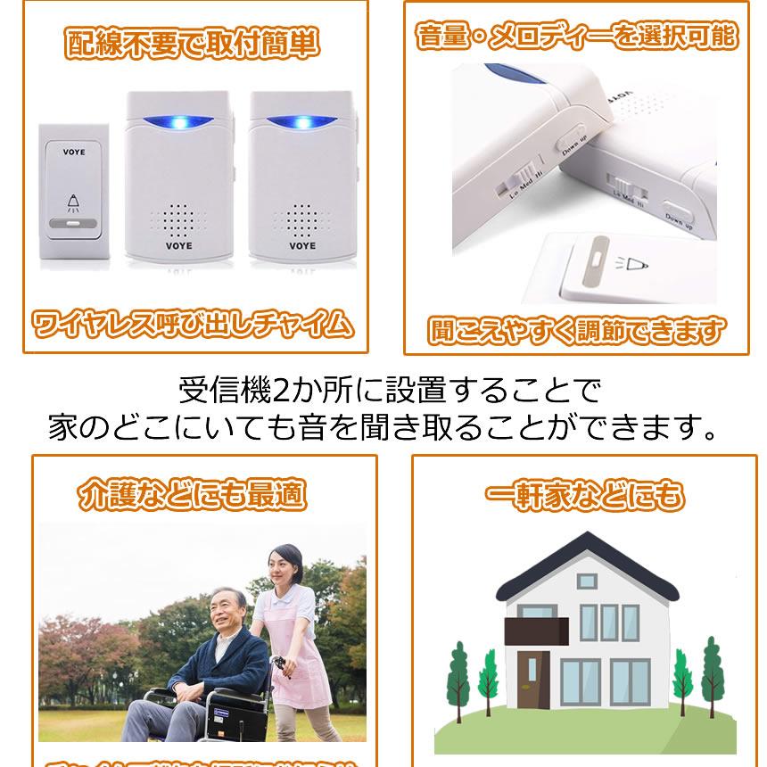 ワイヤレス チャイム 送信機1個 受信機2個セット 無線 部屋 枕元