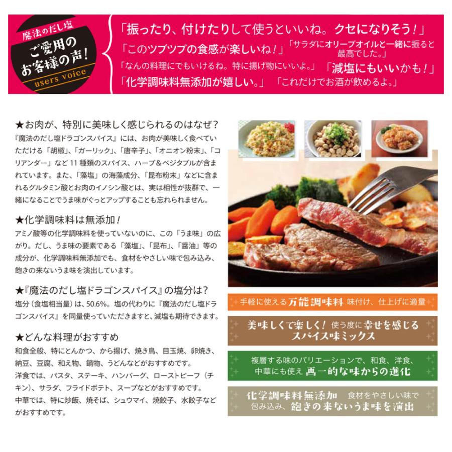 （在庫限り！特別特価） スパイス 調味料 魔法のだし塩 ドラゴンスパイス 285g スパイスミックス  国産 化学調味料無添加 無添加 万能調味料 ステーキ 味付け | 白松 | 07